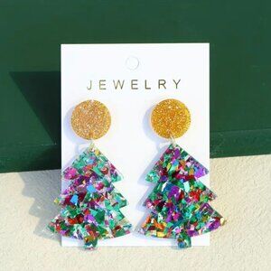 Colorful Confetti Christmas Tree Earrings Acrylic Post Pierced